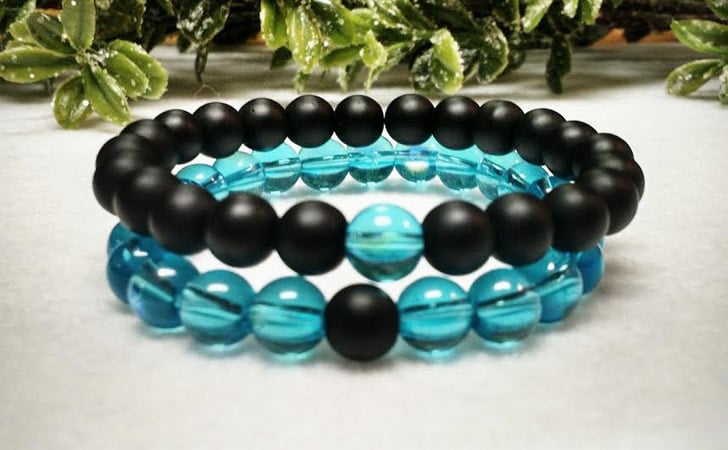 Onyx & Aqua Ab Glass Long Distance Relationship Bracelets - Matching Bracelets For Couples