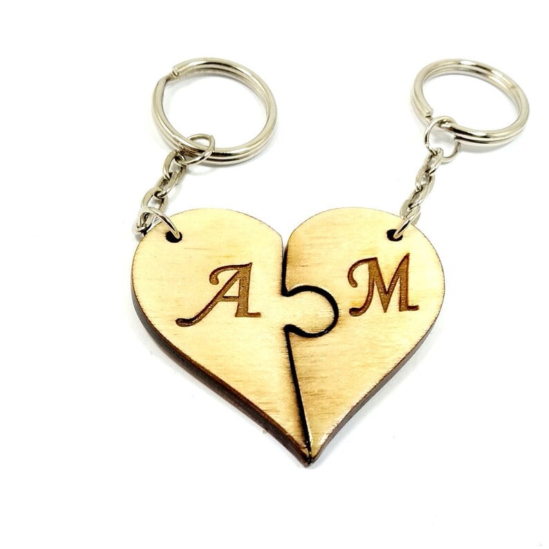 2 Heart Jigsaw Wooden Initials Romantic Keyrings 