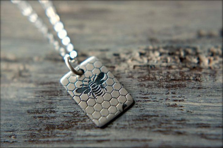 Sterling Silver Bee & Honeycomb Tag Necklace