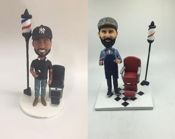 Personalized Bobble Head Clay Figurine Barber, Chair & Barber Pole