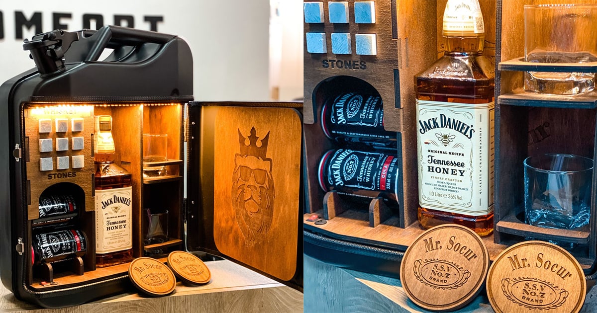 Jerry Can Mini Bar. Matte Black + Wood Inside