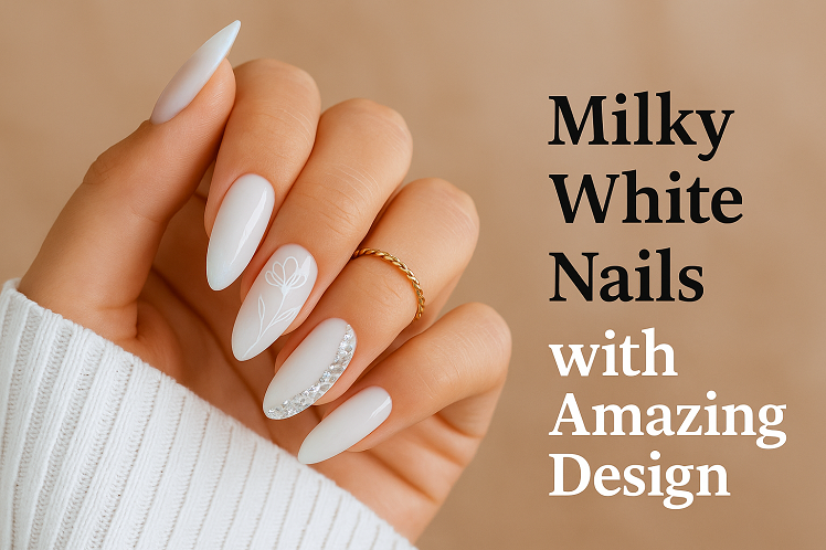 milky white nails with design